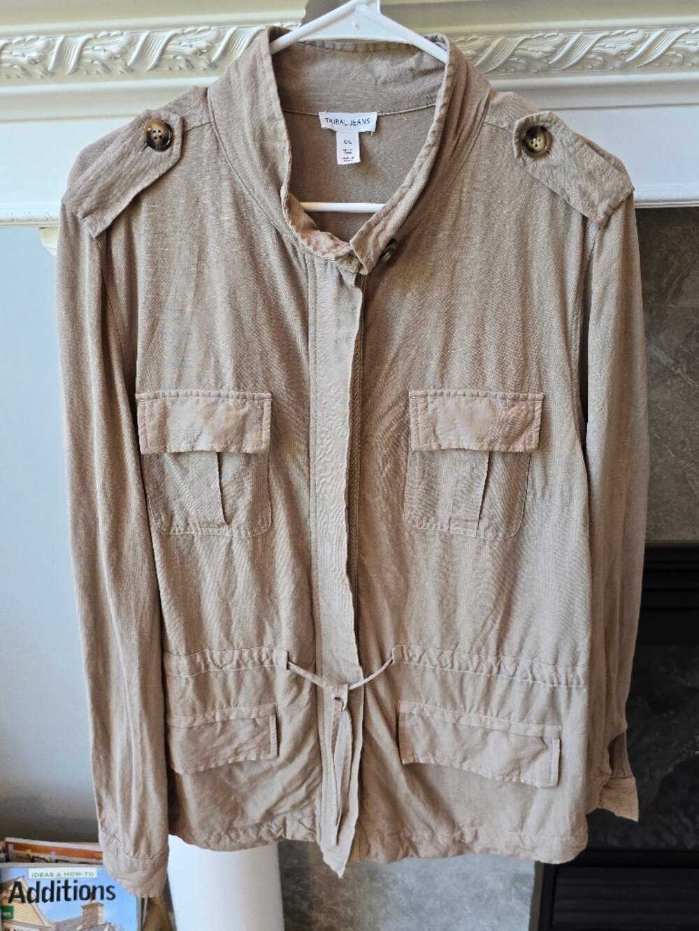 Tribal Jeans Women's Large Linen Blend Utility Field Jacket Tan Cargo Mock Neck